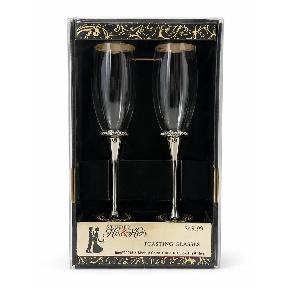 Studio His & Hers Toasting Glasses Pair Rhinestone Wedding Flutes 2010 Boxed